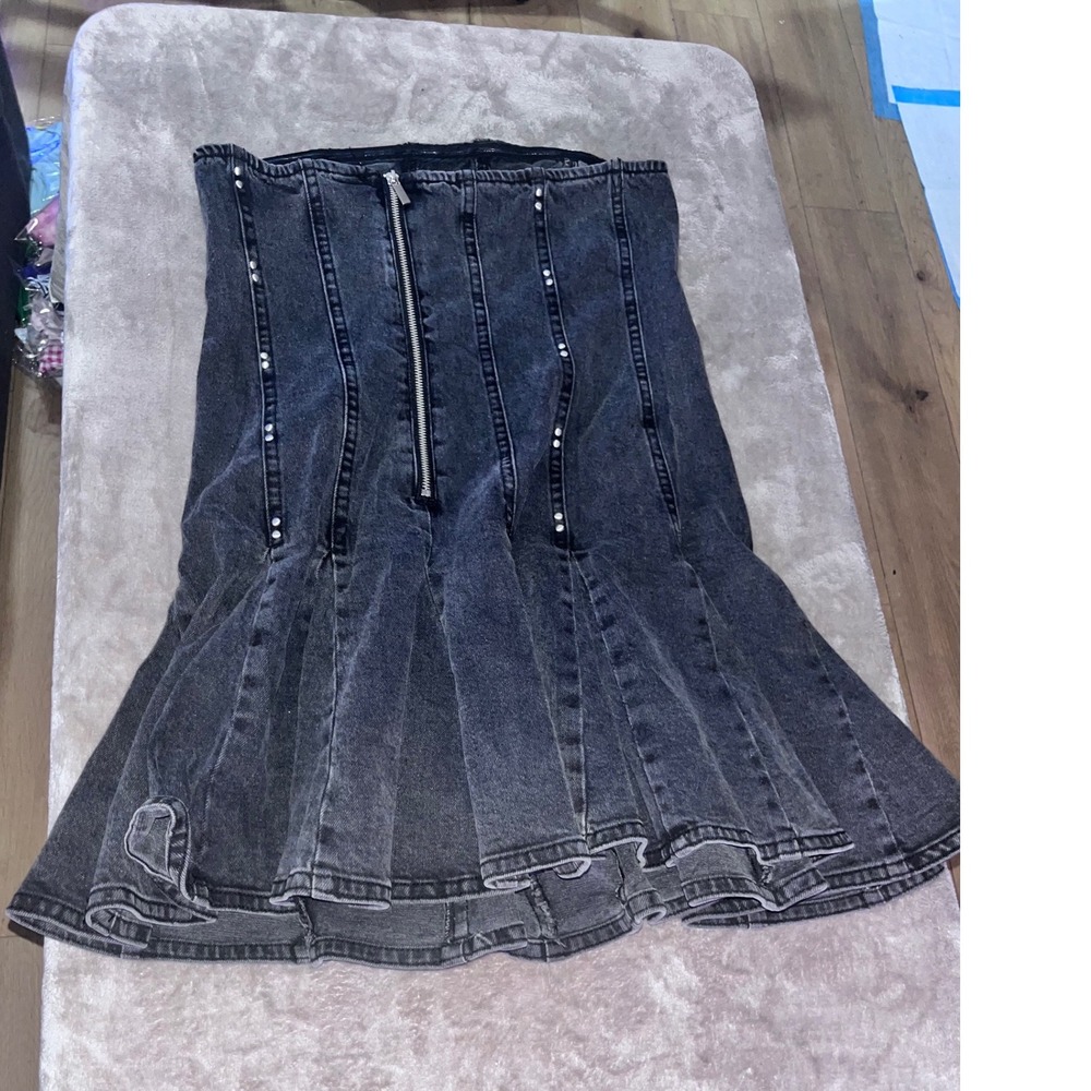 Wild Fable Black Washed Denim Strapless Corset Mini Dress Studded Pleated Size M - Picture 5 of 5
